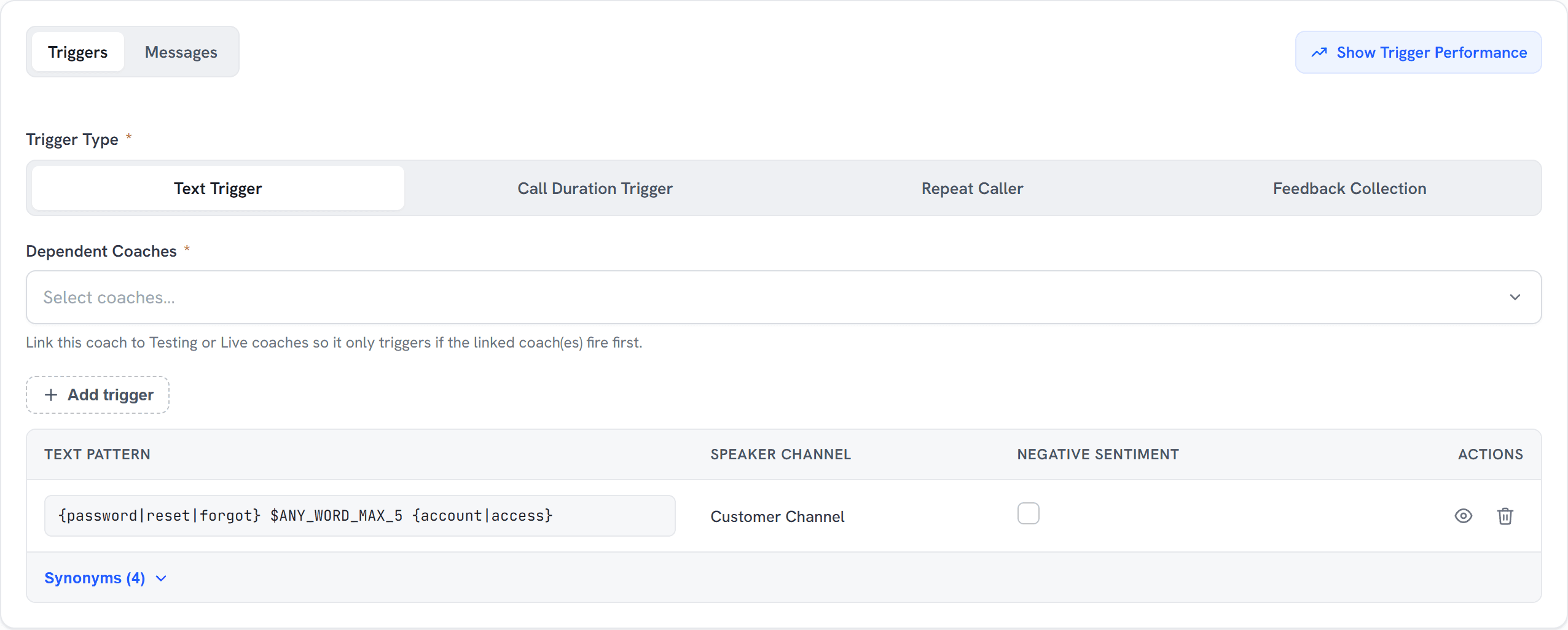 Aigent trigger configuration with separate Triggers and Messages tabs, trigger types, linked coaches, and a text pattern.