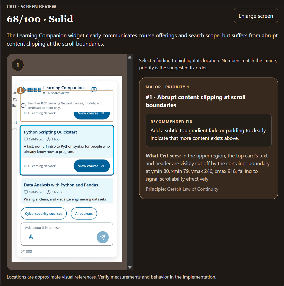 CRIT’s embedded MCP viewer reviewing an IEEE Learning Companion screen, with numbered annotation 1 beside its selected finding, recommended fix, visible evidence, and design principle.