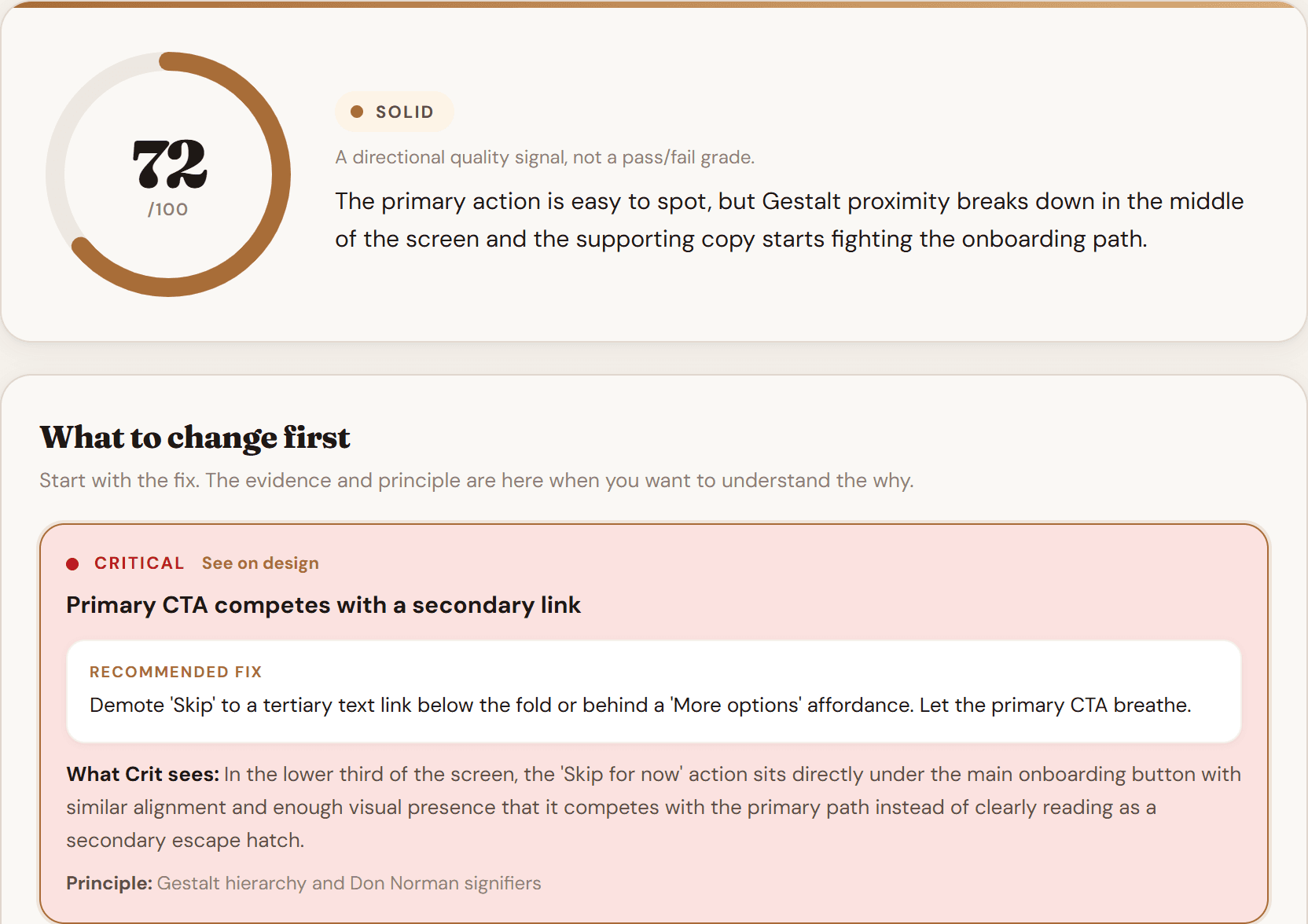 CRIT's built-in example shows its directional score and a critical issue with a recommended fix, design evidence, and supporting UX principle.