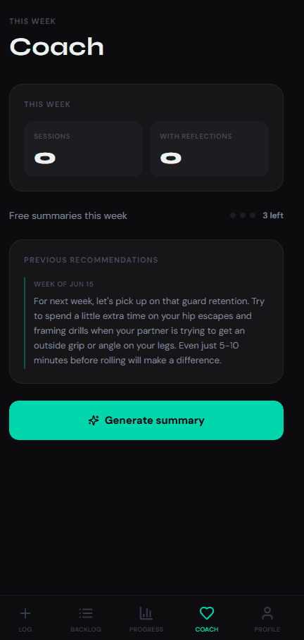 Tatami Coach screen showing a previous recommendation and the option to generate a weekly summary.