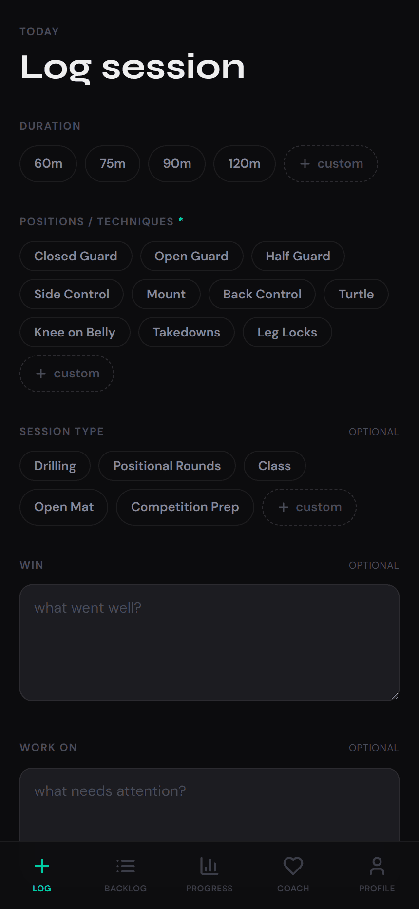 Tatami's log form with duration, technique, and optional reflections before a guest demonstration session.
