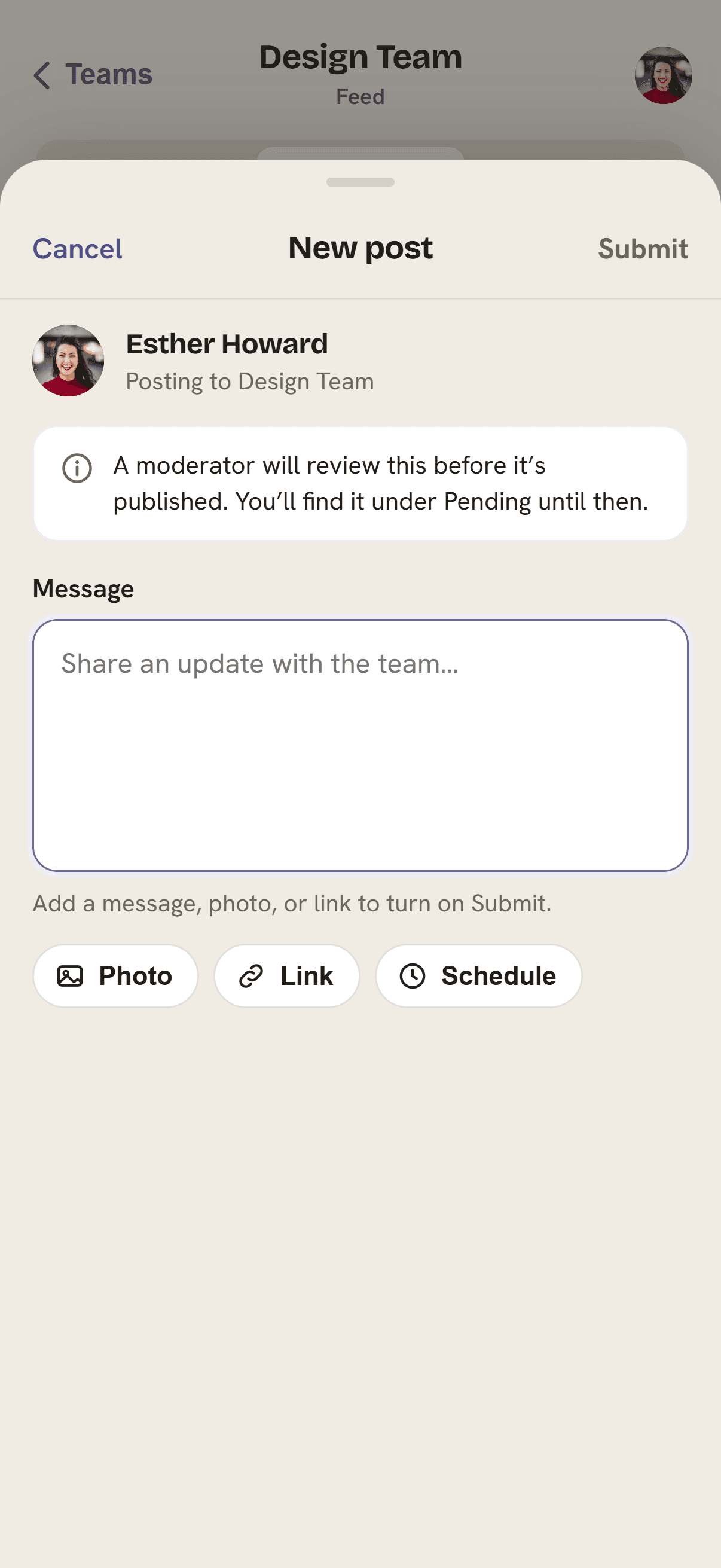 New post composer with an approval reminder, message field, and Photo, Link, and Schedule controls.