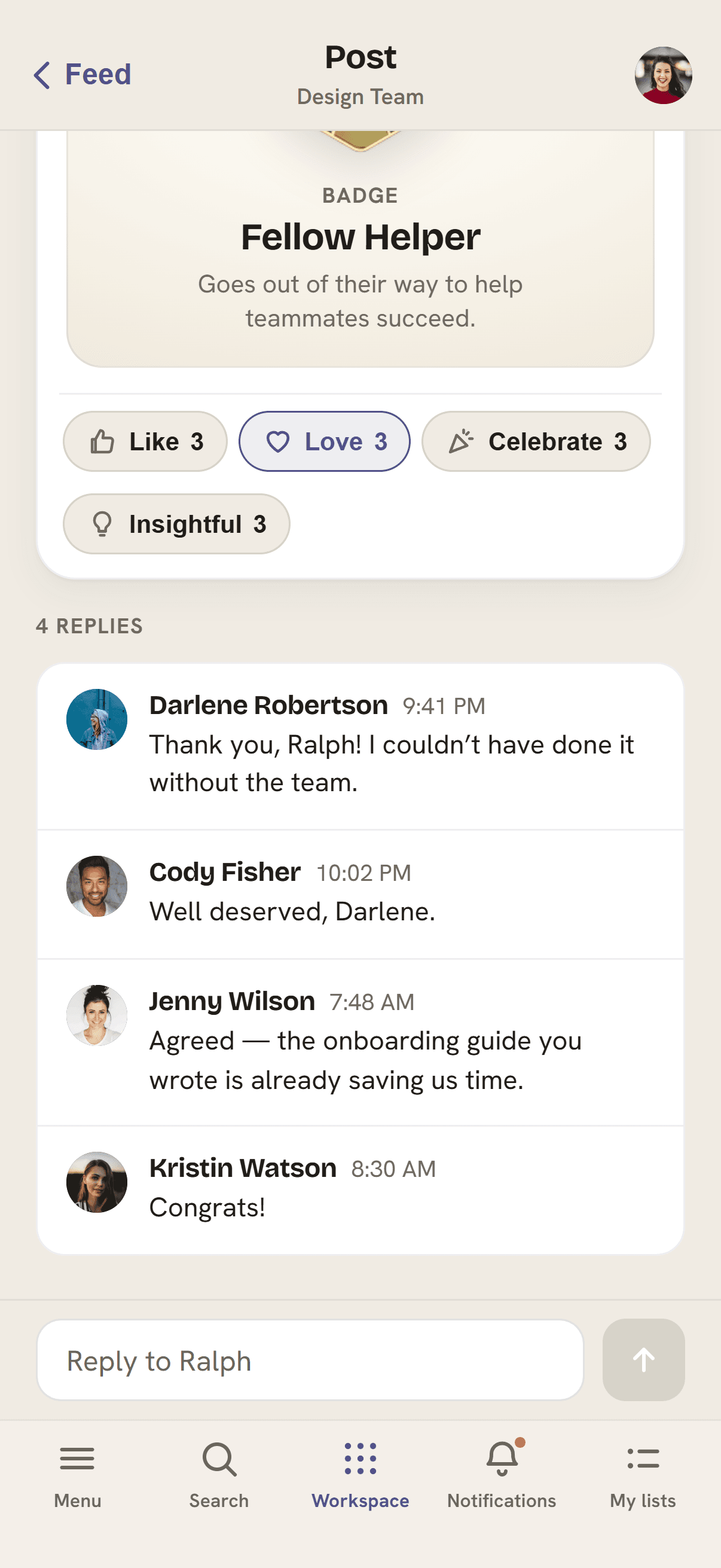 A dedicated post conversation with four example replies and a persistent Reply to Ralph field.