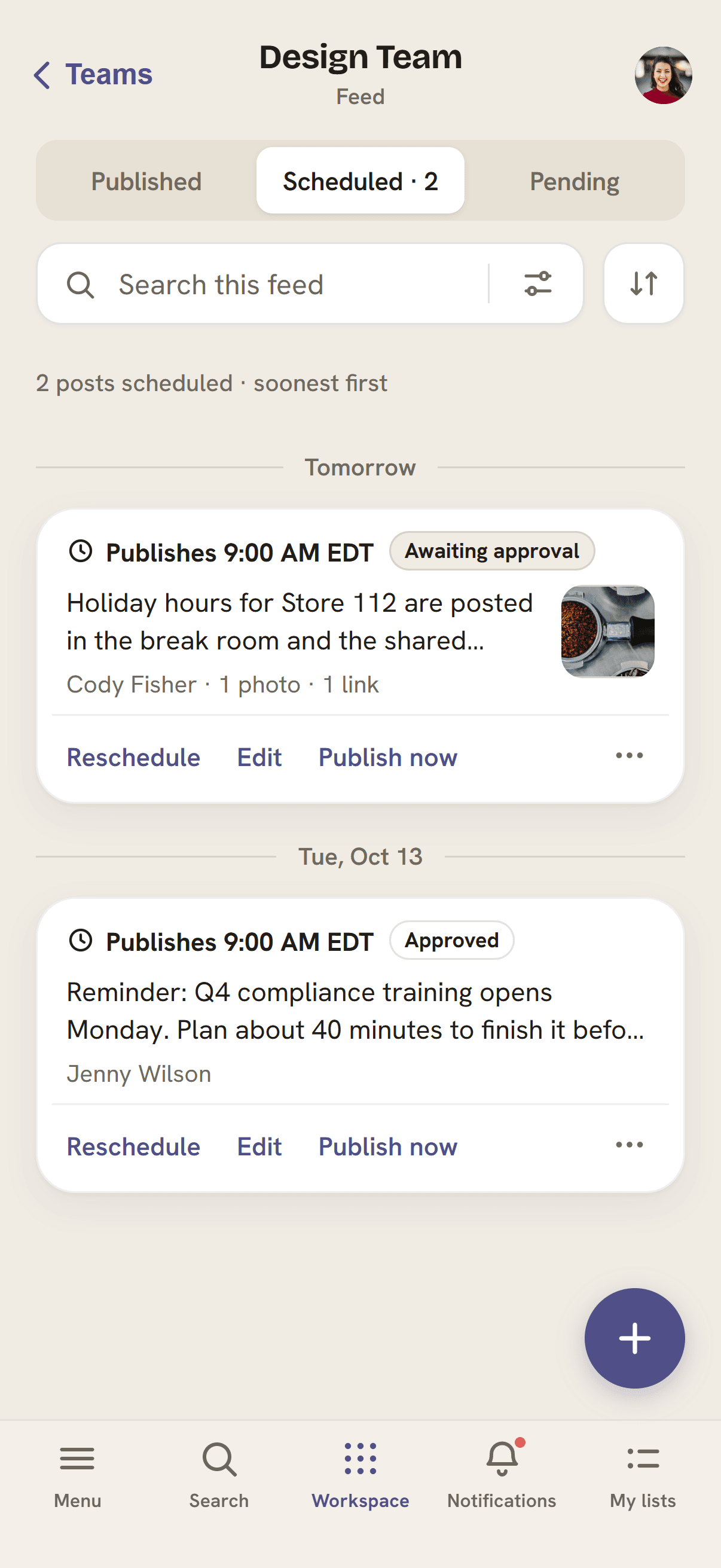 Scheduled posts with Awaiting approval and Approved status tags, publication times, and Reschedule/Edit/Publish now controls.